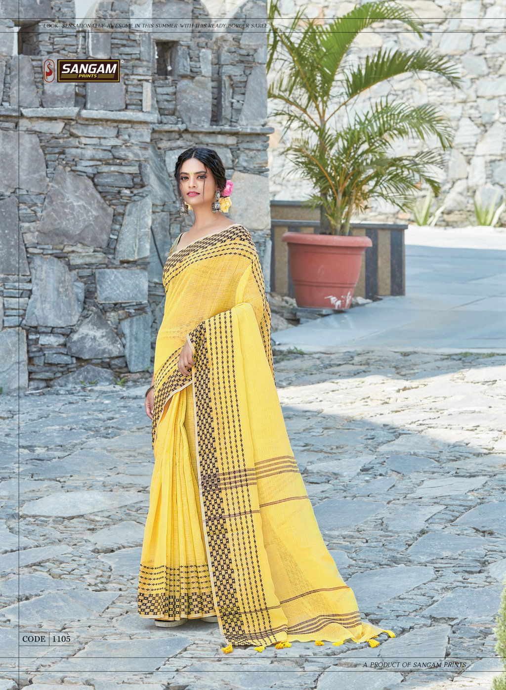 Sangam Rangeen Thread Work Ethnic Wear Linen Cotton Printed Saree Collection